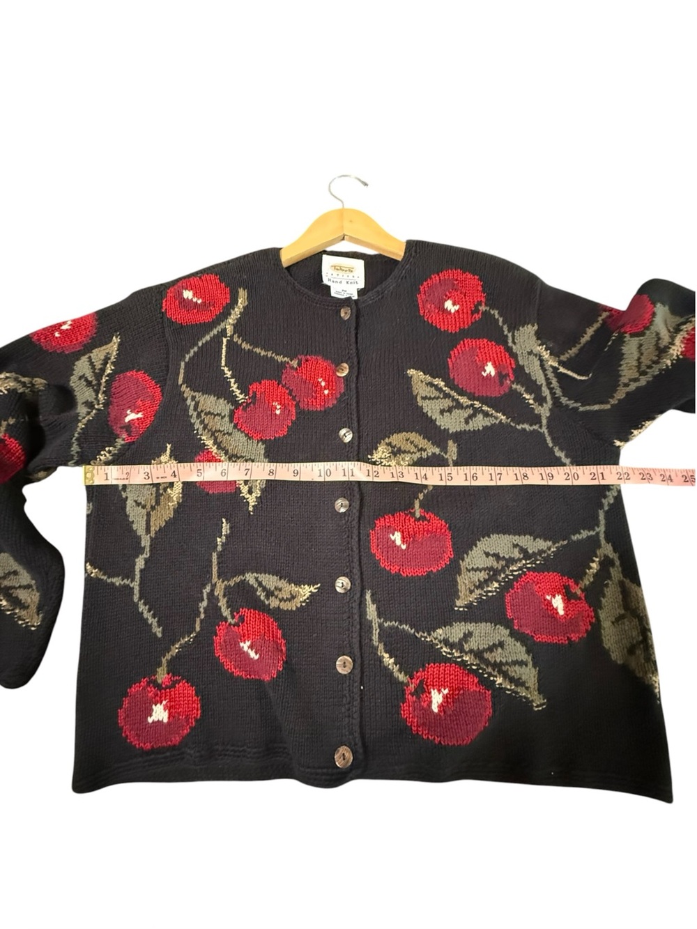 Vintage Talbots Chunk Knit Cardigan Sweater Black with Cherries Medium Petite - Picture 9 of 13